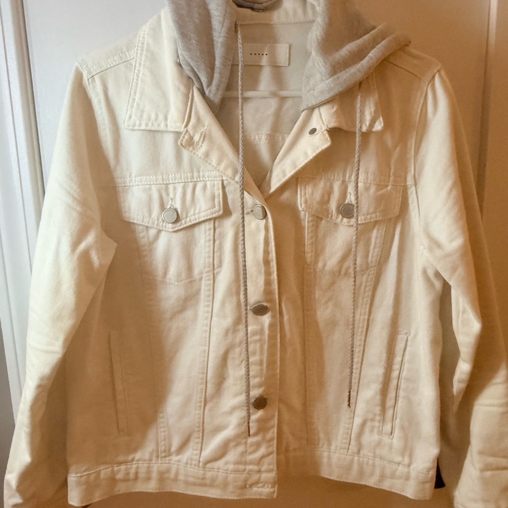 Blank NYC white denim jacket with removable hood